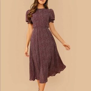 Burgundy Puff Sleeve Flare Belted Dress 💃🏻